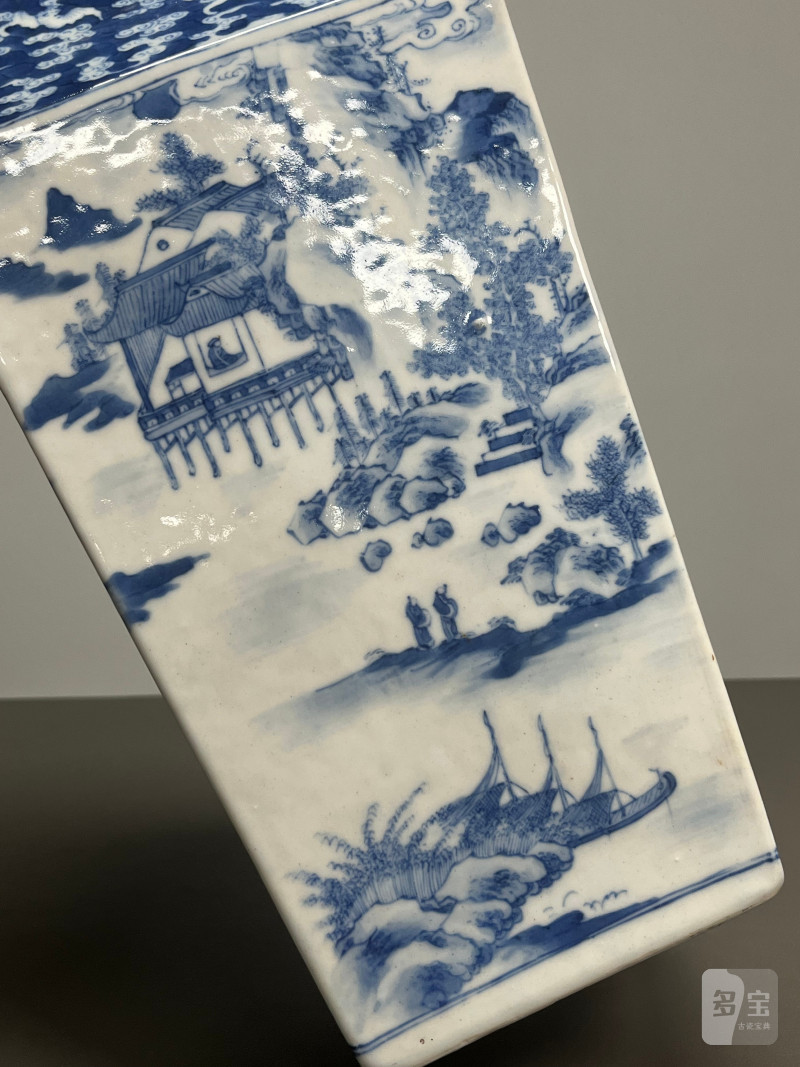 清中期  青花文人山水云蝠纹四方大尊 - 图9